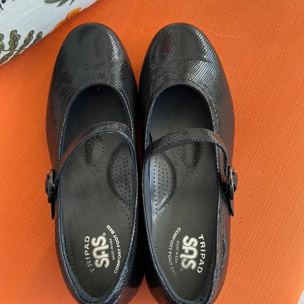 SAS Maria black snakeskin Mary Janes